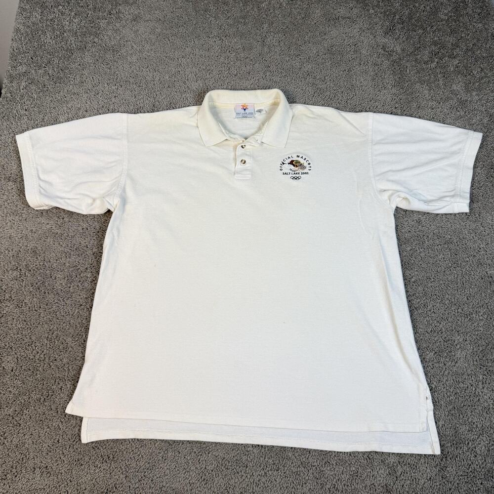 VTG 2002 Salt Lake Olympics Polo Shirt Mens 2XL White Mascots Collared Y2K